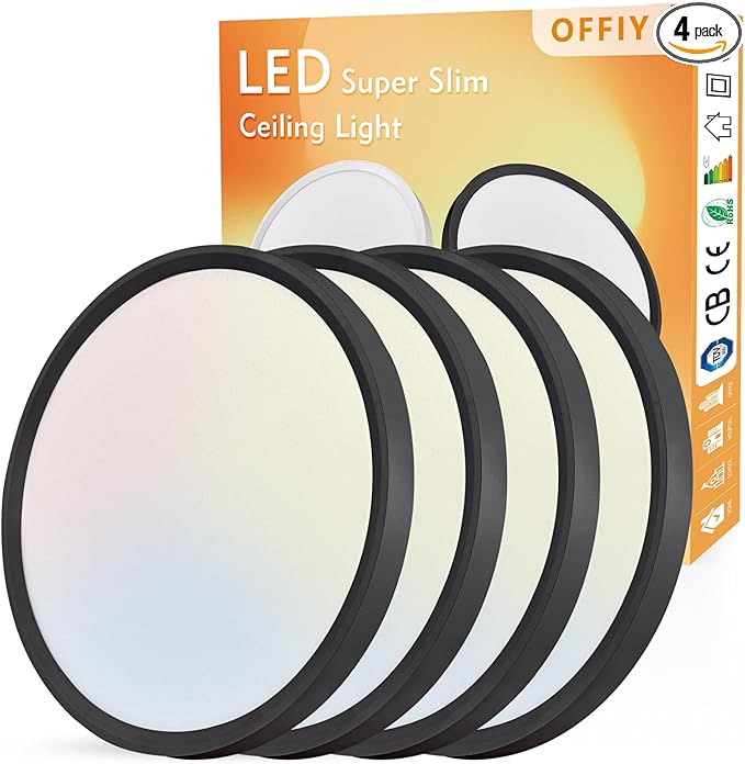 4PK 12 Inch LED Flush Mount Ceiling Light, 24W, 2520LM, 3000K/4000K/6000K CCT Selectable Super Slim LED Ceiling Light, Close to Ceiling Round Flat Panel Light for Hallway, Bedroom,Kitchen ect