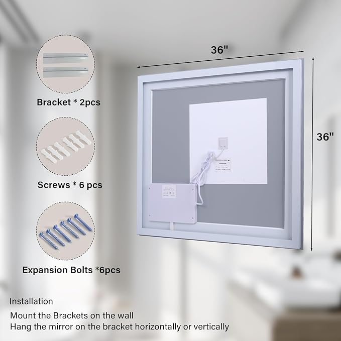 36"x 36"LED Bathroom Mirror, Backlit + Front Lit, LED Bathroom Mirror with Lights for Wall, 3 Colors, Anti-Fog, Dimmable Brightness, Tempered Glass