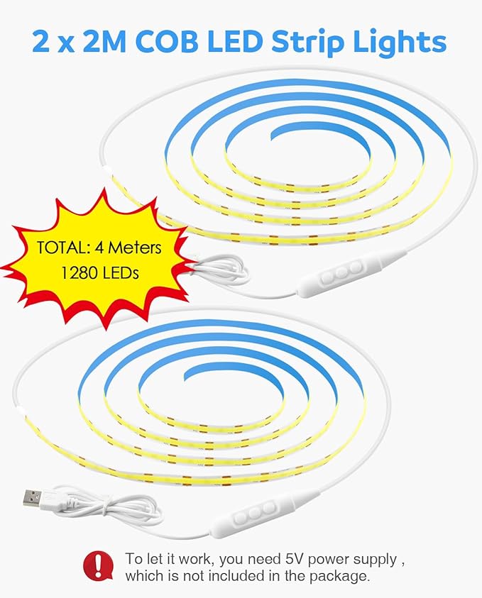 Aclorol 5V COB LED Strip Light White 6000K 6.56FT/2M 640LEDs Dimmable LED Flexible Tape Lights with Self-Adhesive for Bedroom Kitchen Cupboard Cabinet Mirror Staircase DIY Lighting Project (2 Pack)