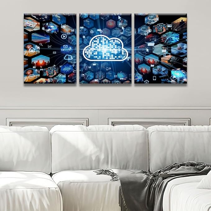 Canvas Wall Art Cloud Computing Concept Communication Network Pictures Posters, 3 Panel Modern Wall Art for Home Decoration, Framed Gallery-Wrapped Ready to Hang, 12x16inchx3