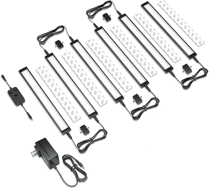 EShine 6 Pack 12 inch Black Smart Dimmable LED Under Cabinet Lighting Kit Compatible with Alexa, Google - Warm White (3000K)