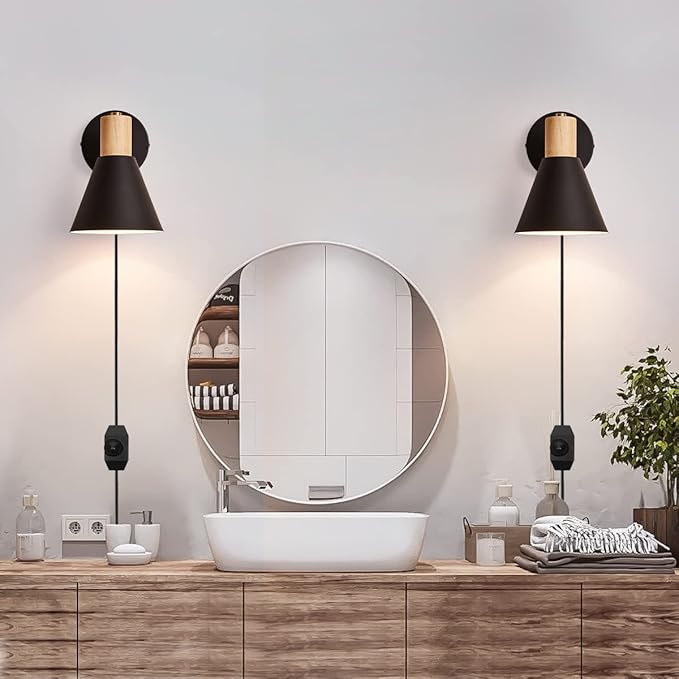 ClanKin Plug in Wall Sconces Lighting for Bedroom, Black Dimmable Wood Style Wall Sconce Reading Lamp, Adjustable Wall Light for Bedroom Hallway Living Room (Black-Plug in, 1)