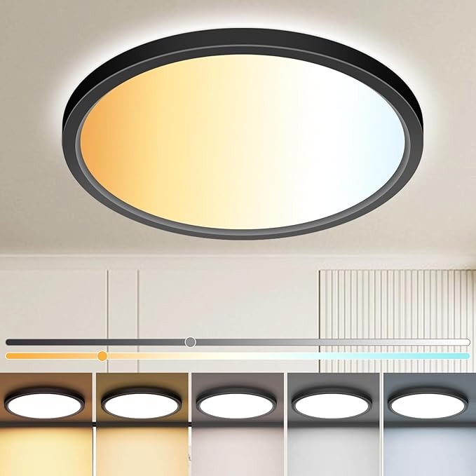 zemty 1Pack 13 inch Black LED Flush Mount Ceiling Lights, Dimmable 5 Color Temp (3000K-6500K), 24W 2400LM Bright Round Light Fixture for Kitchen Bathroom Bedroom Office