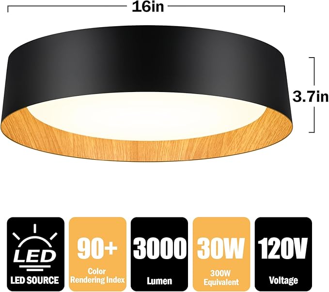 BrightHome 16in Flush Mount Ceiling Light, 3000LM 30W(300W Equiv), LED Ceiling Light Fixture 5CCT 2700K 3000K 4000K 5000K 6000K, Dimmable Ceiling Lamp for Bedroom Bathroom Hallway, Black and Wood