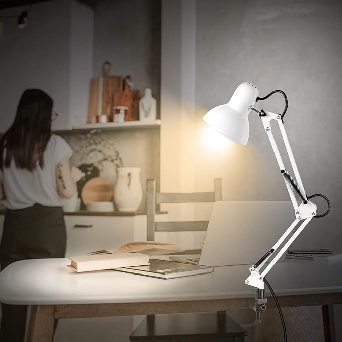 AmeriTop Metal Desk Lamp, Adjustable Swing Arm Table Lamp with Interchangeable Base Or Clamp; Eye-Caring Desk/Clip Reading Lamps for Bedroom, Study, Office (White)