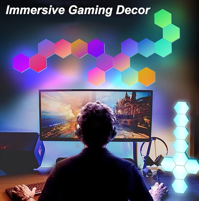 Hexagon Gaming Lights Remote Controlled, RGB LED Wall Lights Touch-Sensitive DIY Geometric Modular Light Panels with Stand, Infinitely Splicing for Gaming Living Room Bedroom TV Decor, 7 Pack