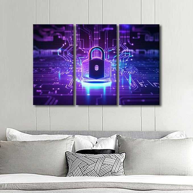 TUMOVO 3 Pieces Canvas Wall Art for Home Office Decoration, Modern Artwork Padlock on Circuit Board Neon Posters and Prints, Cyber Security Concept Artwork Ready to Hang, 42" Wx28 H