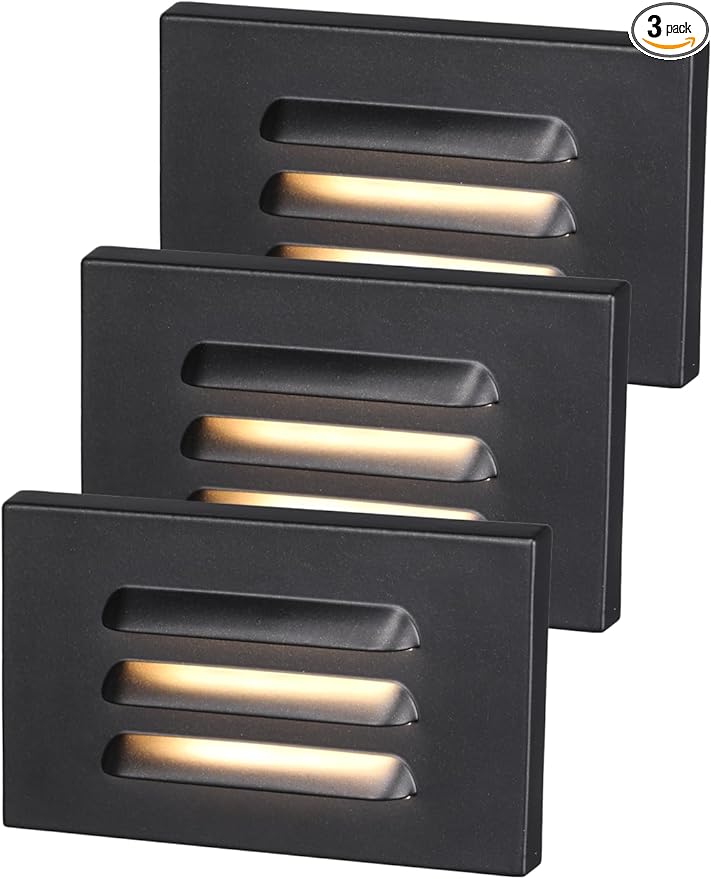 LEONLITE 5CCT 120V LED Step Lights, 3.5W Dimmable Horizontal Louvered Stair Lights Indoor Outdoor, Wet Location, CRI90, ETL, 2700K/3000K/3500K/4000K/5000K, Aluminum, Black, Pack of 3