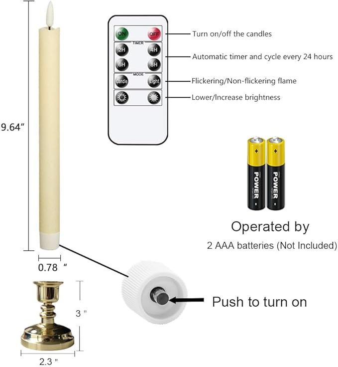 Wondise Flickering Taper Candles with Timer and Remote, 9 Inch Battery Operated 3D Wick Real Wax Ivory Candles for Wedding Party Christmas Decoration, Set of 6(D0.8 x H9.6 Inch)