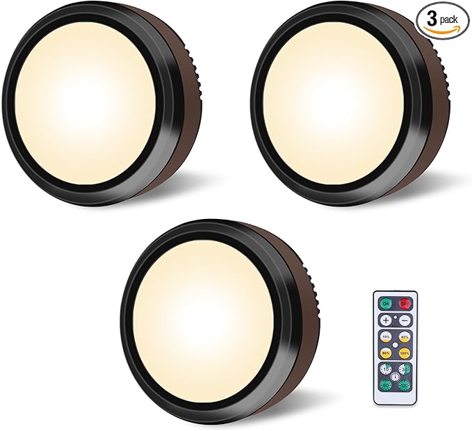 LEASTYLE Puck Lights with Remote, Battery Operated Under Cabinet Lighting with Dimmable Timer, Stick-On Closet Light Under Counter Lights for Kitchen(3 Pack, Warm White)