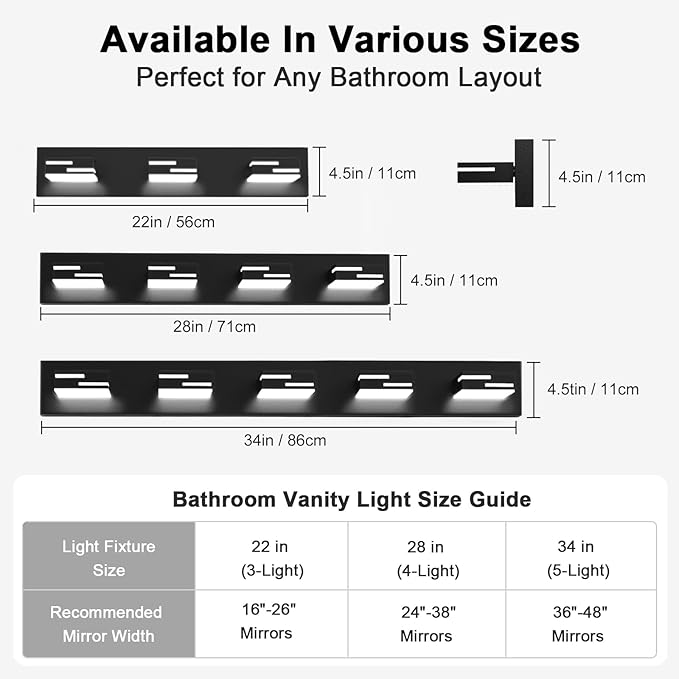 LED Modern Bathroom Vanity Light Fixtures, 3-Light 22-inch Dimmable Matte Black Vanity Lights for Bathroom Lighting Fixtures Over Mirror, with 350° Rotatable Acrylic Heads (Cool White 6000K)