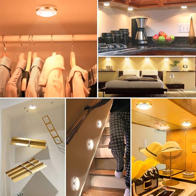 LED Puck Lights 6 Pack, Remote Control, Warm White Brightness Dimmable Battery Powered Touch Closet Cupboard Kitchen Wardrobe Lights