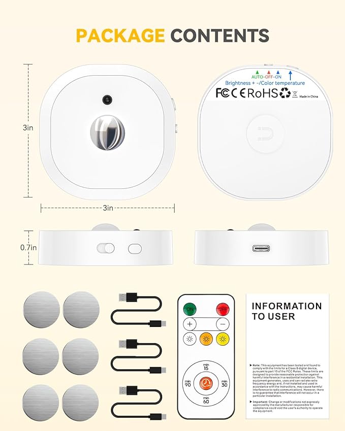 Under Cabinet Lighting, 1500mAh Rechargeable Puck Lights with Remote,13 RGB Colors, Magnetic Stick on Light, Dimmable Wireless Tap Light for Kitchen, Shelf, Pantry(White 6 Pack)