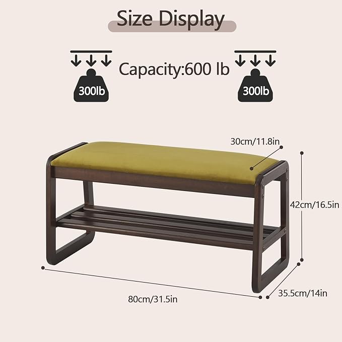 Shoe Rack Bench,2 Tier Solid Wooden Entryway Bench with Shoe Storage, Shoe Rack with Cushion for Living Room, Hallway(Olive Green, 31.5")