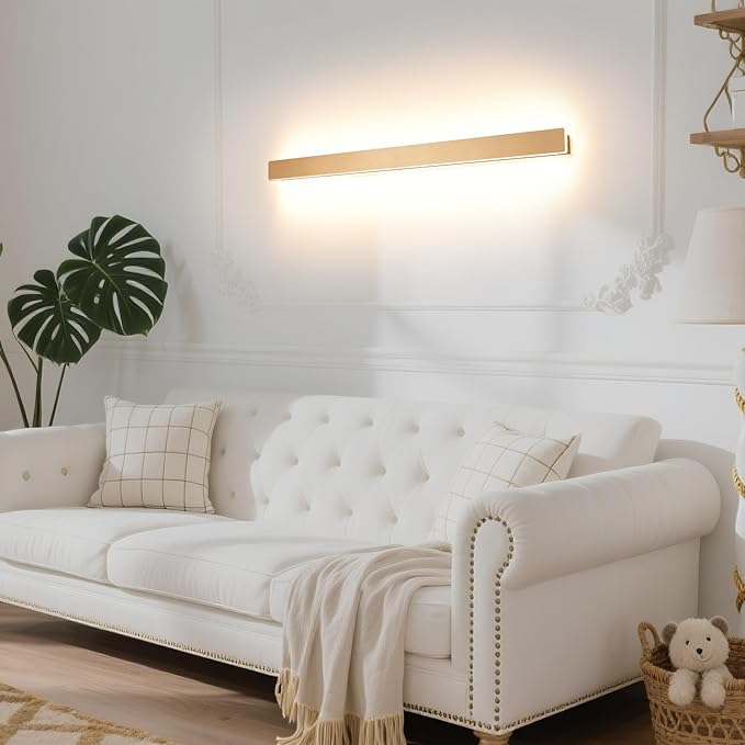 Modern Plug in Wall Lights, 31.4 inch Frosted Gold LED Long Wall Sconce, 16W Warm White 3000K Acrylic Indoor Wall lamp,with 59" Plug Cable for Bedroom, Living Room, Hallway