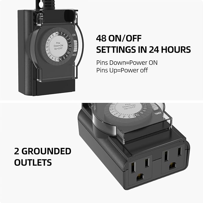 TiFFCOFiO Digital Outdoor Timer Outlet Waterproof, Dial Programmable Method, 2 Grounded Electrical Outlets for Pool Pump and Lights, 6 Sets of Programs, 15A/1875W (Mechanical, 1 Pack)