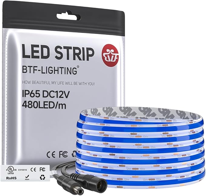 BTF-LIGHTING FCOB IP65 Waterproof Blue Color COB LED Strip 16.4FT DC12V 480LED/m 8mm Width Flexible High Density CRI 90+ Dimmable LED Light for Home Indoor Decor(No Controller or Adapter)