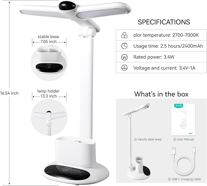 VAVOFO Eye-Caring Wireless Desk Lamp 6785 - Touch Control, 2700-7000K Color Temperature, 700 Lumens, Dual-Head Design, Pen Holder, USB-C Charging, 2400mAh Battery, 2.5hrs Wireless Use (White)