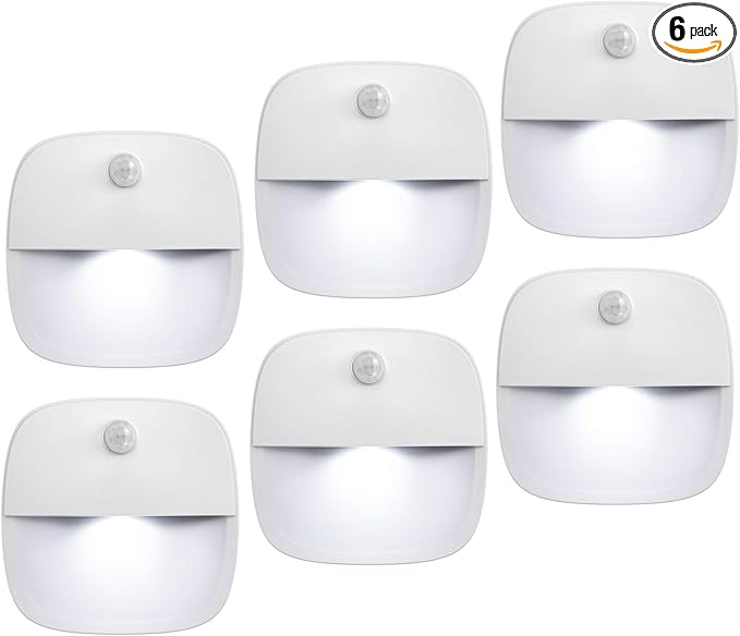 AMIR Motion Sensor Light Indoor, Upgraded Battery-Powered LED Night Light with PIR Technology for Bathroom, Kitchen, Stairs, Under Cabinet, Closet, Stick on Anywhere Hallway Lamp (White, 6-Pack)