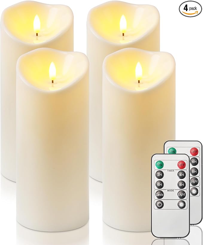 Homemory 4"x9" Outdoor Waterproof Flameless Candles with Timers and Remote Control, Battery Operated Candles, LED Plastic Candles, Ivory White, Set of 4