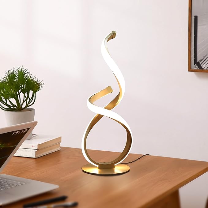 Bedside Table Lamp, LED Touch Dimmable Spiral Desk Lamp for Night Stands, 3 Color Temperature Modern Nightstand Light, Unique Side Light for Living Room, Bedroom, Gold