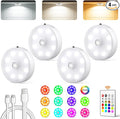 Puck Lights with Remote, Rechargeable Under Cabinet Lighting, 3 Color Temps, 12 RGB Color LED Motion Sensor Lights Wireless, Dimmable Tap Lights for Closet, Kitchen, Shelf, Stair, 4 Pack