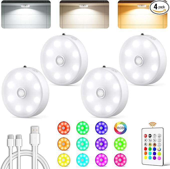 Puck Lights with Remote, Rechargeable Under Cabinet Lighting, 3 Color Temps, 12 RGB Color LED Motion Sensor Lights Wireless, Dimmable Tap Lights for Closet, Kitchen, Shelf, Stair, 4 Pack
