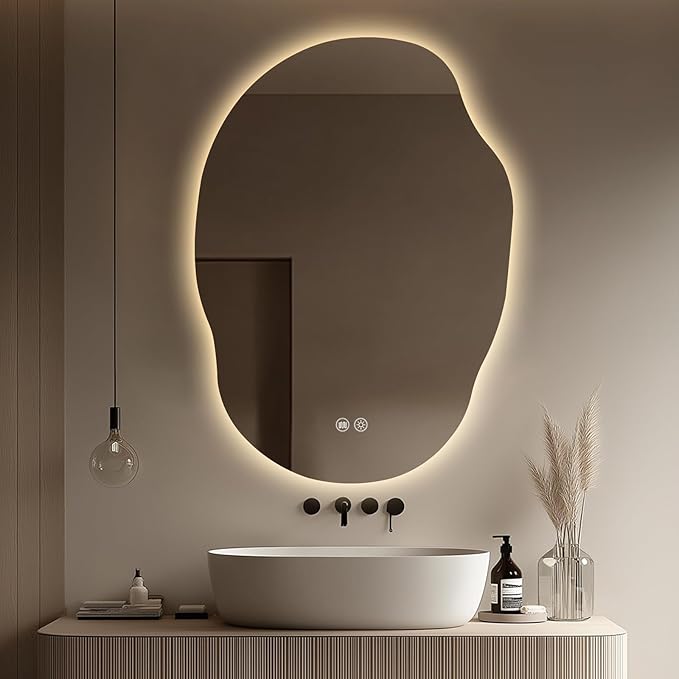 LED Bathroom Mirror with Lights 25x35, Dimmable Irregular Backlit Vanity Mirror with 3 Colors, Anti-Fog, Memory, Al-Alloy Lampshade, Frameless Smart Mirror for Bathroom (Horizontal/Vertical)
