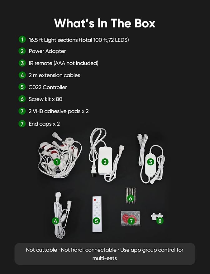 Smart Permanent Outdoor Lights, RGB with IC + Warm White 2700K, Under-Eave Lighting, Wi-Fi/Voice/Remote Control, 100ft/72 LEDs/IP67 Light / IP65 Controller, 111+ Scenes/Music Sync, Alexa/Google