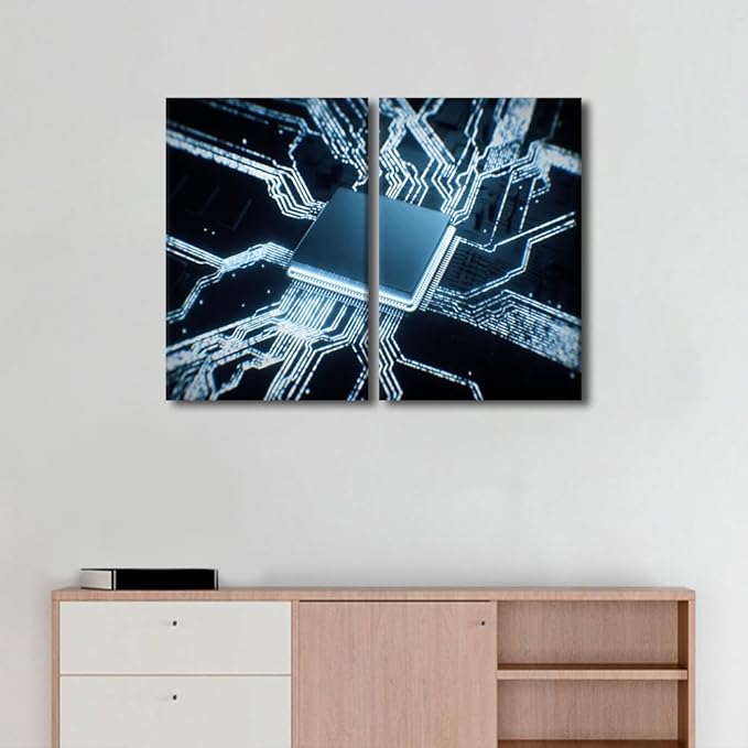 Semiconductor Chip Paintings for Living Room Pictures Circuit Boards Wall Art 3 Pieces Canvas Artwork Home Decorations Framed Gallery-Wrapped Stretched Ready to Hang, 24" Wx16 H