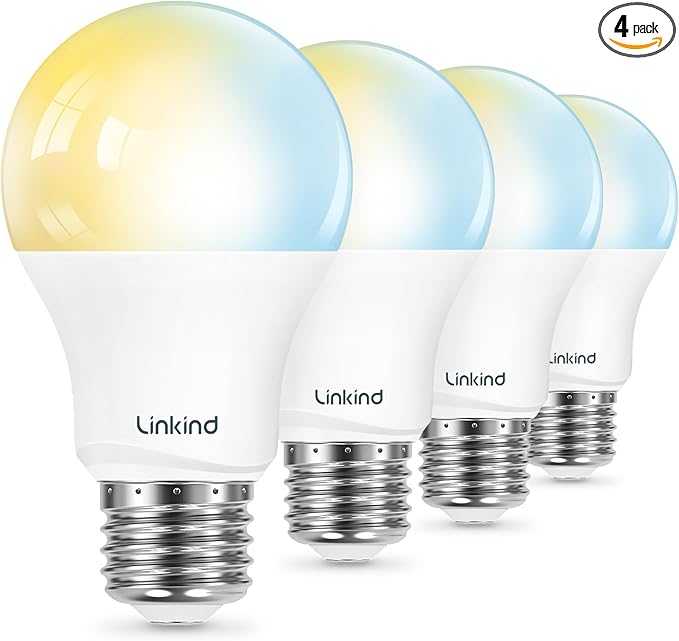 Linkind Smart Light Bulbs, Warm White to Daylight (2700K-6500K), Alexa Light Bulbs, Work with Alexa & Google Home, 60W Equivalent, Efficient 8.5W, 2.4G WiFi Bluetooth LED CRI>90, A19 E26 800LM, 4Pack