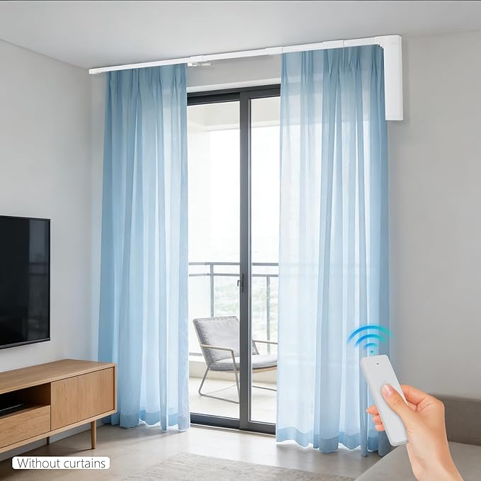 Smart Curtains System, Motorized Curtain Track 47-244 inch Adjustable Length, Motorized Rod with Remote Control, Ceiling and Wall Mount, Automated Curtain Track System (85-126in)