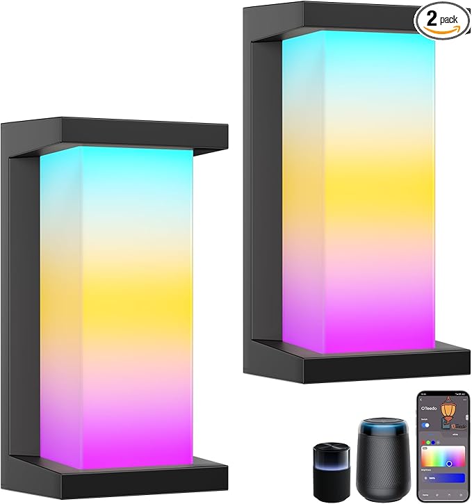 RGB Smart Outdoor Wall Lights,RGBCW Modern Outdoor Waterproof for Front Porch Light,WiFi APP Control Exterior Lighting Fixtures,LED Wall Mount Outside Lights for House,Garage,Backyard(2 Pack)