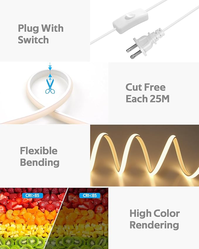 Outdoor COB LED Strip Light Waterproof 100FT/30M One Roll AC 110V LED Rope Light Warm White 3000K High Density 288Leds/M Flexible COB Strips Lighting with Switch Plug in for Bedroom Building Decor