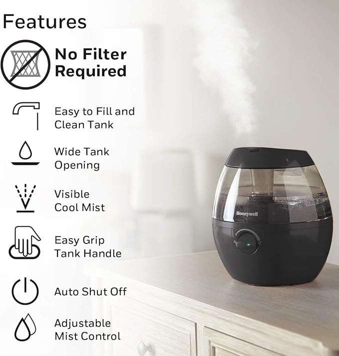 Honeywell HUL520B Mistmate Cool Mist Humidifier Black With Easy Fill Tank & Auto Shut-Off, For Small Room, Bedroom, Baby Room, Office