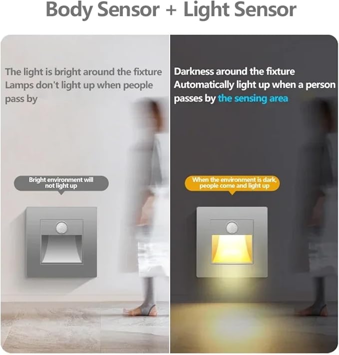 6 Pack LED Motion Sensor Night Light Infrared Human Body Induction Lamp, Recessed Stair Lights Indoor, Night for Hallway, Stairway, Bathroom, Bedroom, Kitchen