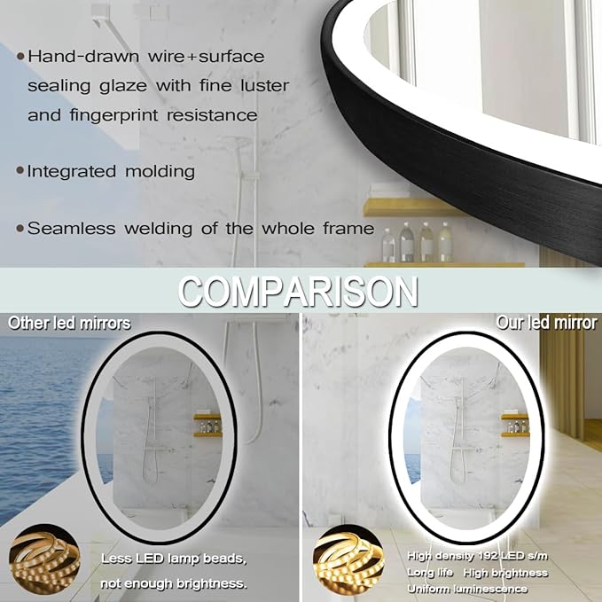 THEKLA 24 x 36 inch Black Frame Oval LED Mirror for Bathroom Salon Wall Mount 36 inch Black Framed Oval Lighted Vanity Mirror with Lights Smart Set Memory 3 Color Dimmable Front Light Anti-Fog
