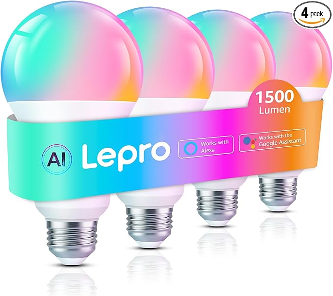 Lepro B3 AI Smart Light Bulbs - 1500LM 100W Equivalent A21 Bulb, WiFi & Bluetooth RGBWW Color Changing, Works with Alexa & Google Assistant, AI Voice Control by App, Music Sync, 2.4GHz Only (4 Pack)