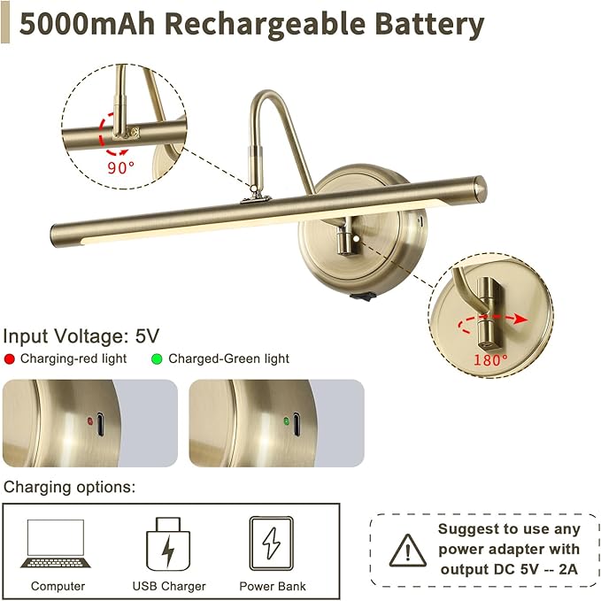 JOOSENLUX Modern Wall Lights Battery Operated Antique Bronze Wireless Picture Lights for Wall 16.5" Inch Dimmable Under Counter Lights for Kitchen with Swing Arm as Canvas Wall Sconce Light CRI95+