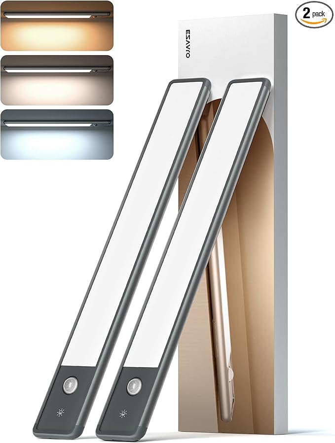 EZVALO Under Cabinet Lighting, 98 LED Rechargeable Motion Sensor Light Indoor, Magnetic Dimmable Closet Lights with 3 Color Temps, Wireless Under Counter Lights for Kitchen, Stairs(Grey, 2 Pack)