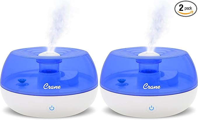 Crane Personal Ultrasonic Cool Mist Humidifier, for Home Bedroom Hotels Travel and Office, 0.2 Gallon, Filter Free, Blue and White (Pack of 2)