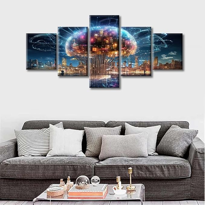 5 Piece Smart Brains for Future Cities Wall Art Painting Artificial Intelligence Concept Bedroom Living Room Brain Framed Modern Pictures Canvas Prints Artwork for Wall Decor Office Decor (50"Wx24"H)