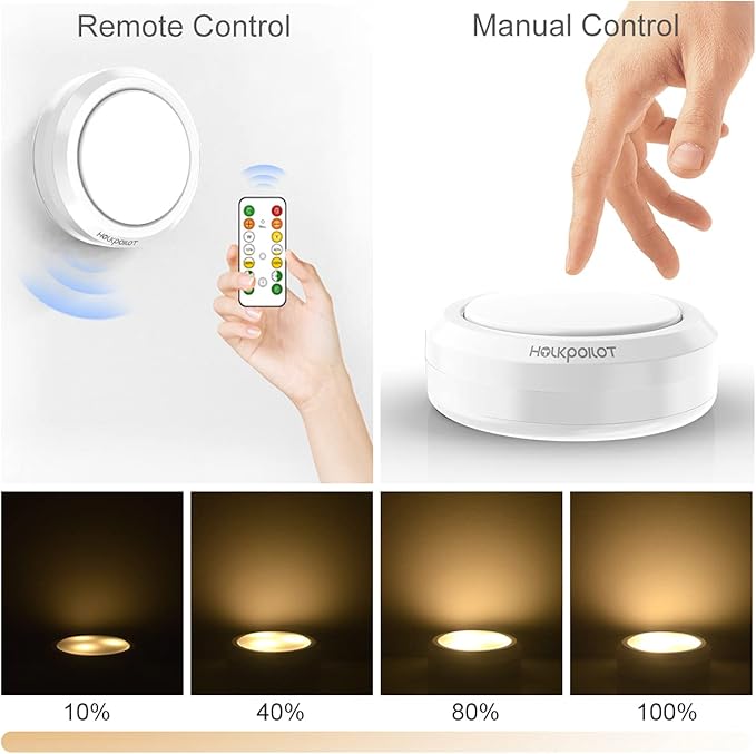 HOLKPOILOT Puck Lights with Remote Control, Under Cabinet & Counter Lighting, Battery Operated,Wireless Stick On Lights White (6pack)