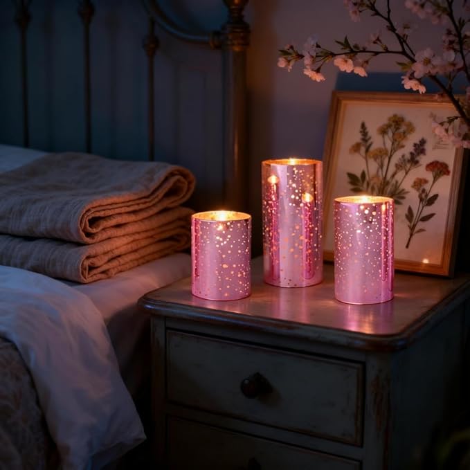 Pink Flameless LED Candles with Remote – Mercury Glass, Real Wax, Warm White Flicker, 500+ Hrs, Easter & Spring Decor for Women, Valentine's Day. Batteries Included