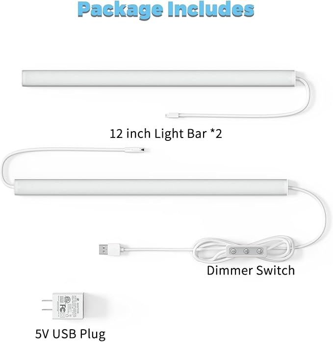 ASOKO HOME Dimmable USB Under Cabinet Lights - 3 Pack 12" Linkable LED Strips, 4000K Daylight for Kitchen, Desk, Workbench