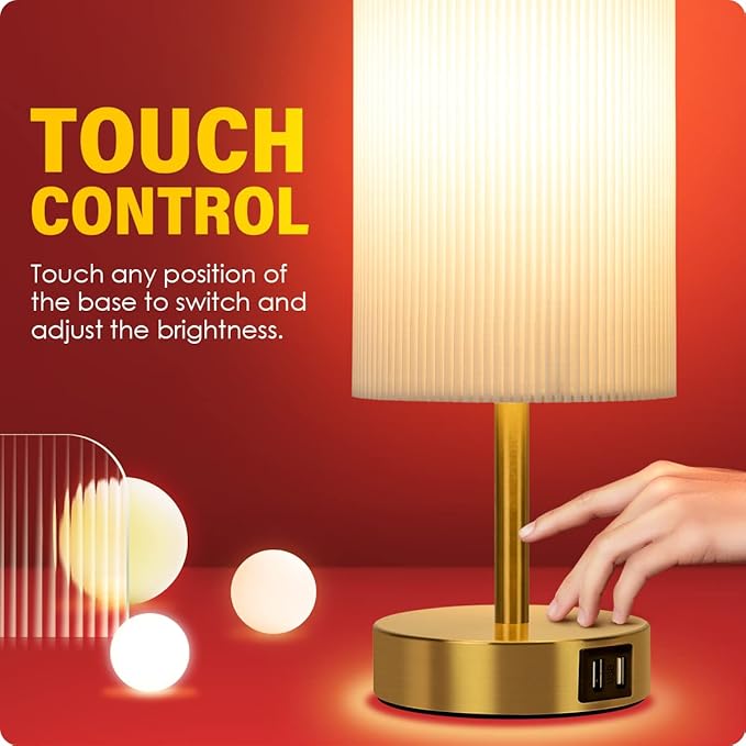 Bedside Lamp with USB port - Touch Control Table Lamp for Bedroom Wood 3 Way Dimmable Nightstand Lamp with Round Pleated Shade for Living Room, Dorm, Home Office (LED Bulb Included) (Pleated)