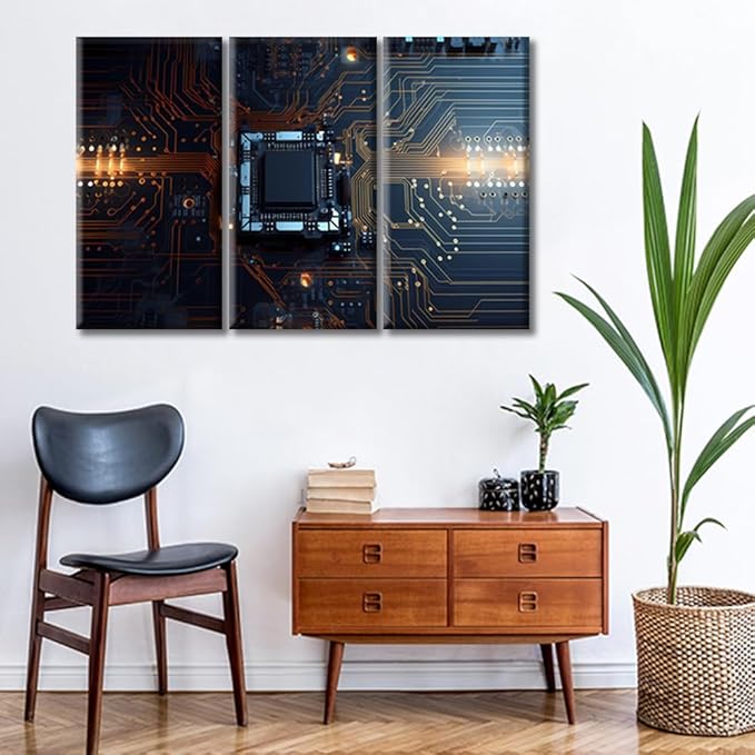 Chip Wall Art for Bedroom 3 Panels Computer Processors CPU Concept Canvas Painting Circuit Board Pictures Wall Art for Living Room Contemporary Home Decor Stretched on Wooden Frame (36" Wx24 H)