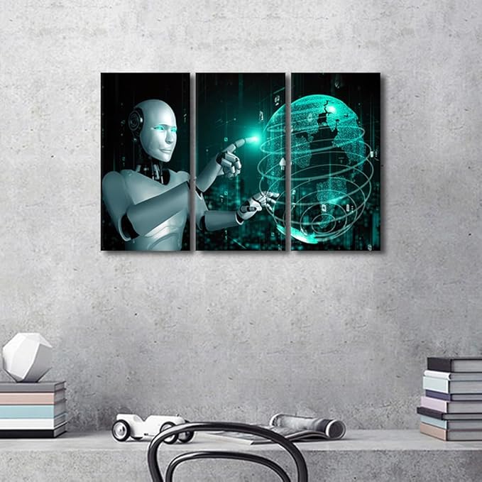 TUMOVO 3 Panels Canvas Wall Art - Robot Canvas Wall Art AI Paintings Canvas Print Large Wall Decor AI Intelligence Pictures Modern Artwork for Wall Decorations Framed Ready to Hang, 36" Wx24 H