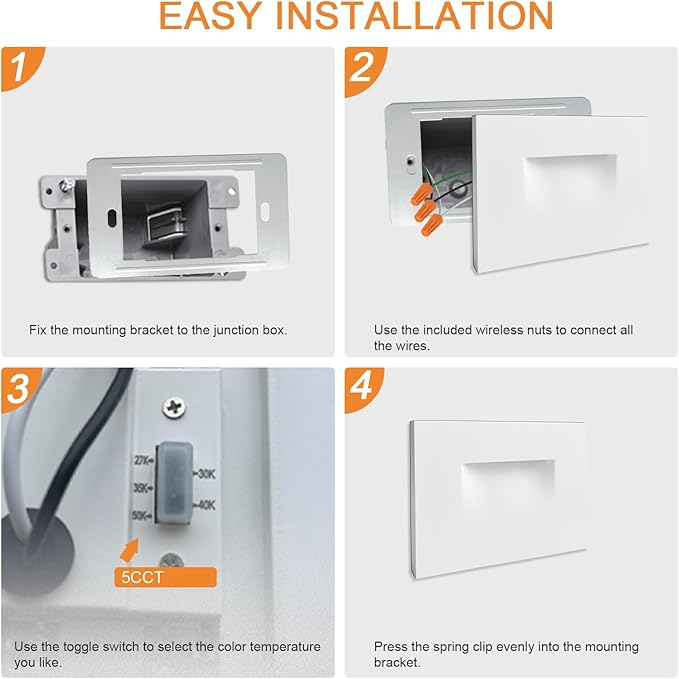 Horizontal Step Lights, 5CCT Selectable, IP65 Waterproof, 3W 100LM, 120V LED Stair Lights Indoor Outdoor, 10%-100% Dimmable, White, ETL Listed - 4PK