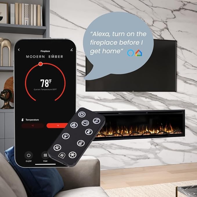 Modern Ember Aerus Slim 72 Inch Smart Linear Electric Fireplace | Recessed in-Wall or Wall-Mount | LED Multiple Flame Colors | Alexa/WiFi Enabled | 4.25” Profile | Remote Included